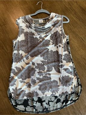 CAbi Sleeveless Floral Cowl Neck Tank in White and Gray